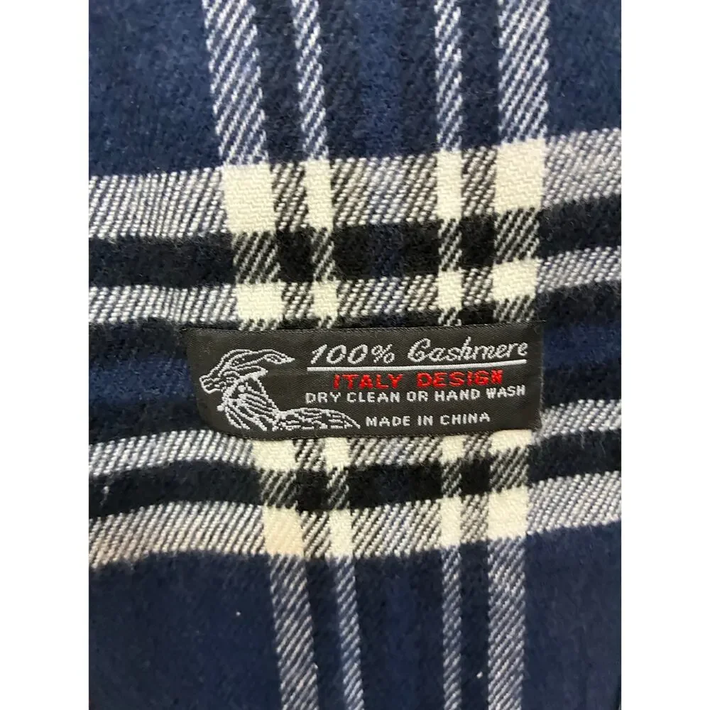 Italy Design Women's Plaid Winter 100% cashmere Fringe scarf Navy Gingham One Sz